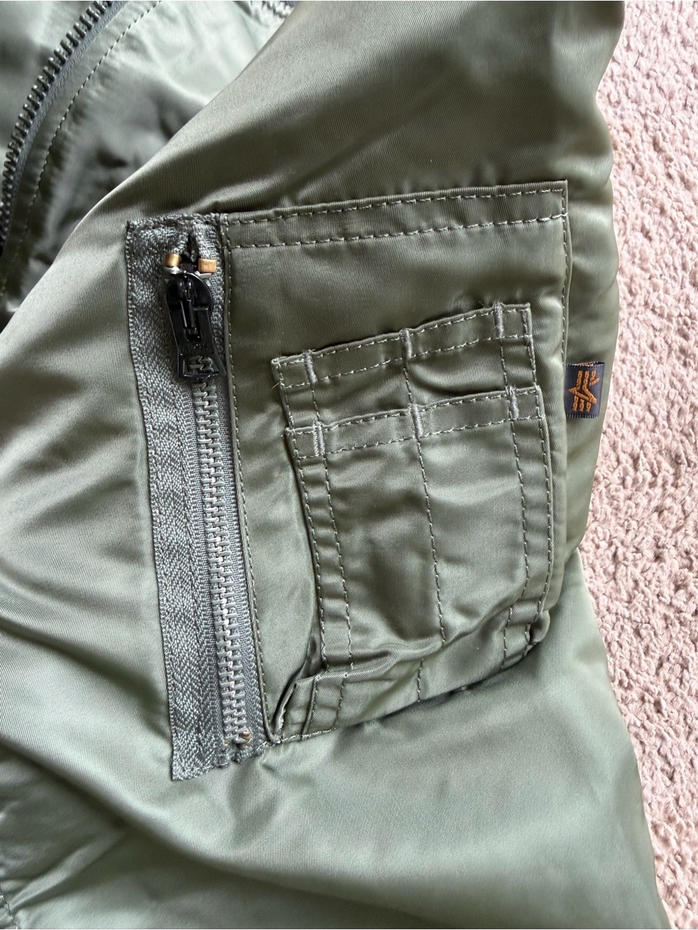 Men's Reversible Olive Green Bomber Jacket with Orange Lining - Picture 3 of 3